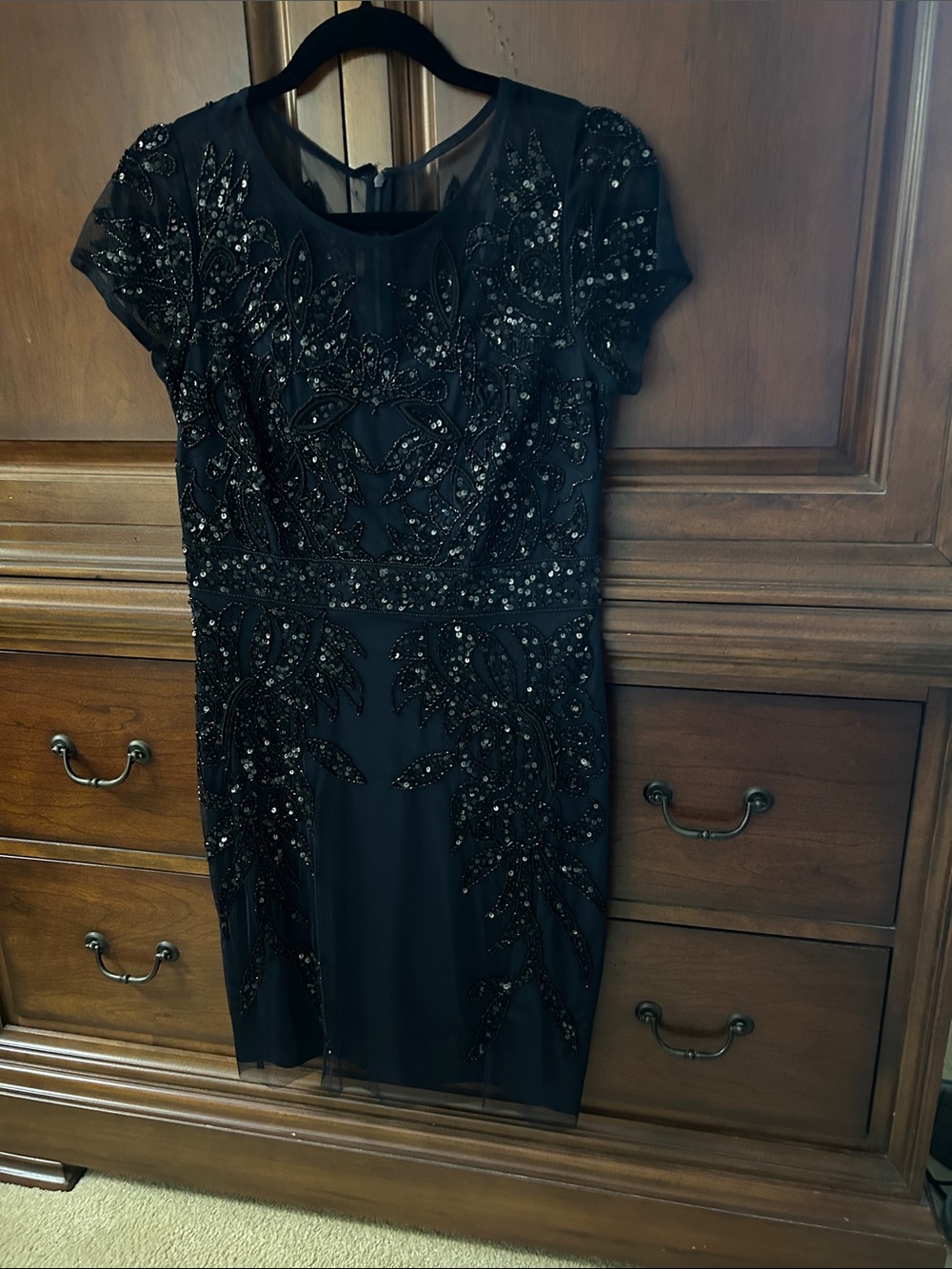 Adrianna Papell Navy Blue Beaded Short Sleeve Cocktail Dress